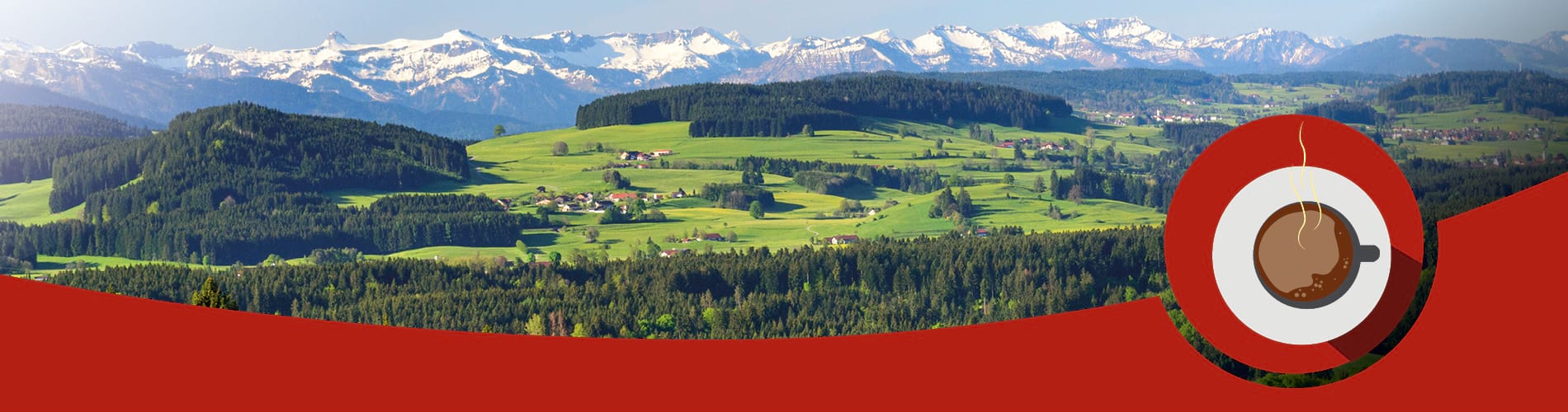 Das Bild zeigt die schöne Landschaft von Oberschwaben. Eine gezeichnete Kaffeetasse assoziiert das Thema "Newsletter am Morgen" der Schwäbischen Zeitung.