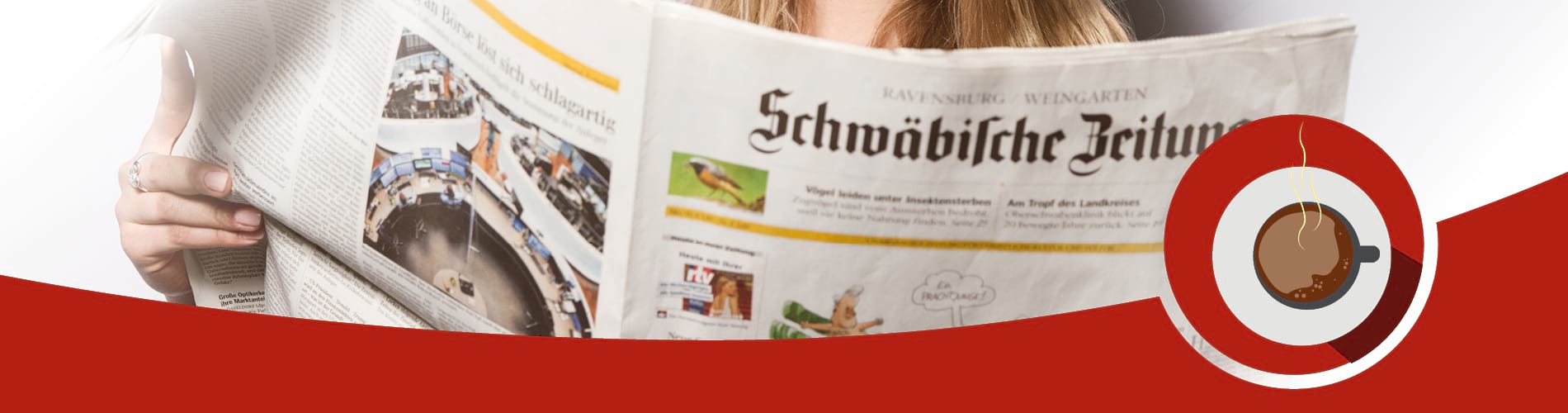 Eine Frau hält die gedruckte Schwäbische Zeitung in der Hand und liest diese. Eine gezeichnete Kaffeetasse assoziiert das Thema "Newsletter am Morgen" der Schwäbischen Zeitung.