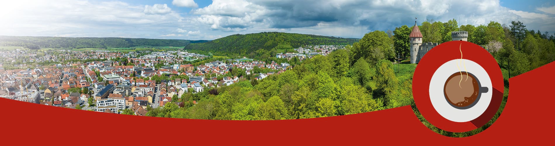 Das Bild zeigt die schöne Landschaft von Tuttlingen. Eine gezeichnete Kaffeetasse assoziiert das Thema "Newsletter am Morgen" der Schwäbischen Zeitung.