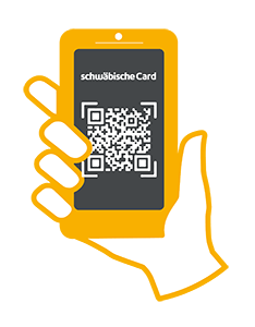 Ein gezeichnetes Smartphone, mit welchem ein QR-Code eines teilnehmenden Partners der schwäbischen Card abgescannt wird.