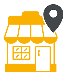 Ein gezeichneter Einkaufsladen mit einem Location-Pin.